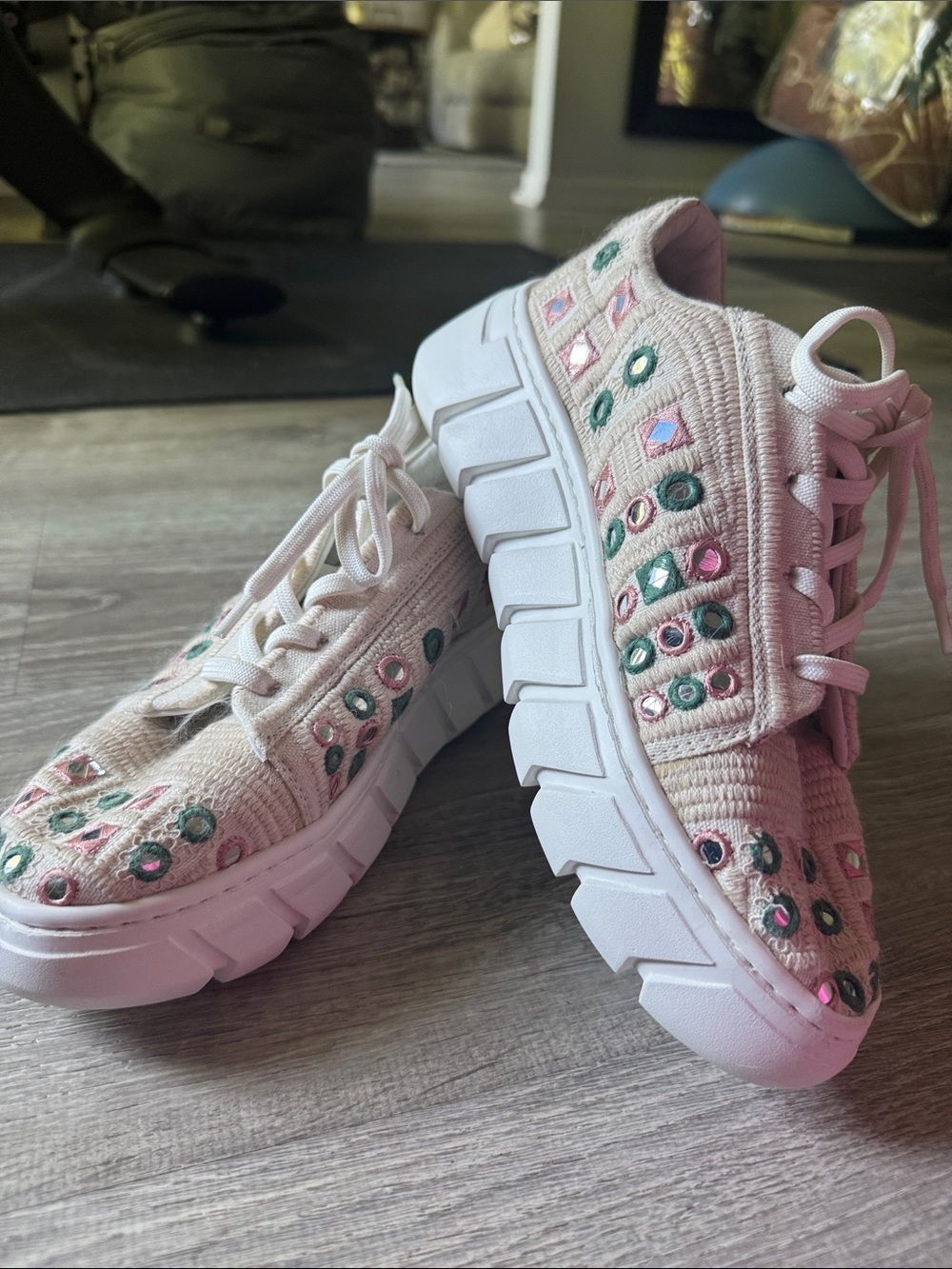 Free People Cream Knit Platform Sneakers with Pink & Green Embellishments